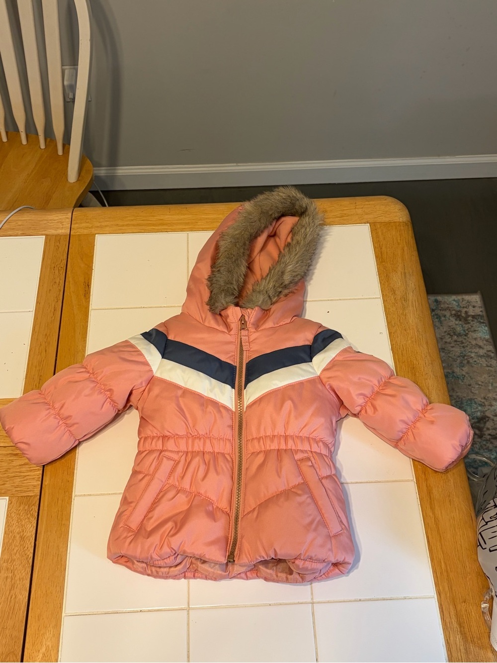 OshKosh B'gosh Coral Pink Hooded Puffer Coat with Faux Fur Trim